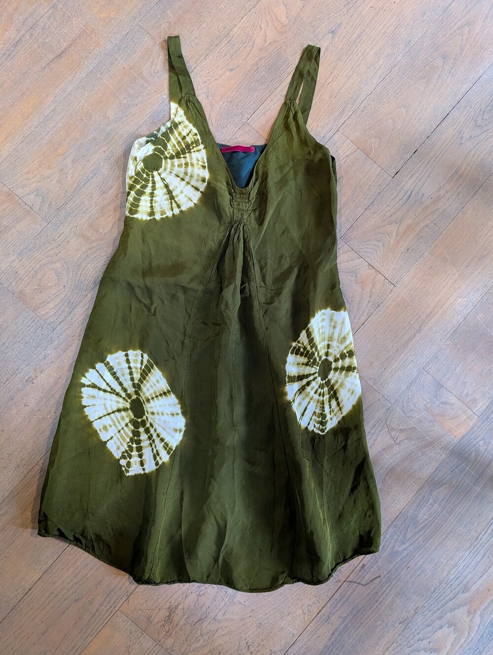Velvet Silk Green Tie-Dye Mini Sundress with White Circular Accents